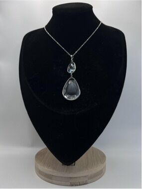 Necklace Silver Tone Clear Glass Teardrop Pendant Y-Drop Chain 24 Inch Statement